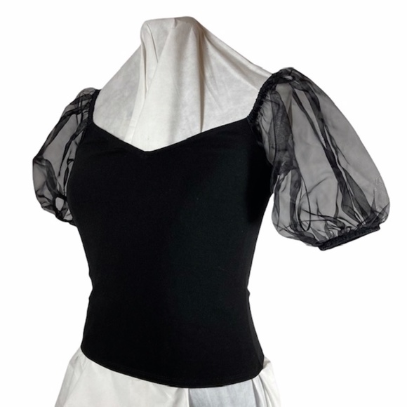 NWOT EXPRESS Feminine Black Off Shoulder Sheer Puff Sleeve Blouse XS Stretch Top - Picture 3 of 16